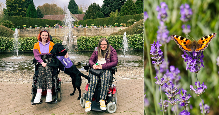 Kate Stanforth and friend both sat in wheelchairs at Durham Botanic Garden with Kate's service dog. 